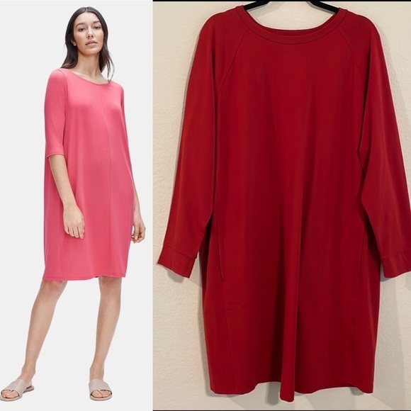 Eileen Fisher Women Midi Dress 1X Red Stretch Jersey Knit Jewel Neck Cottagecore - Picture 1 of 15
